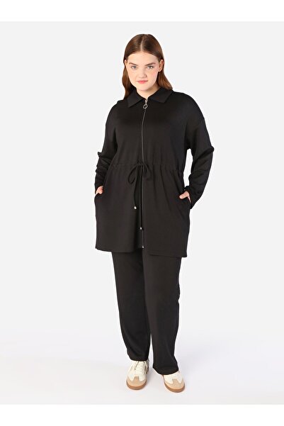 ALİA Soft Buttoned Zippered Waist Drawstring Detailed Tunic&Pants Plus Size Set - Black -