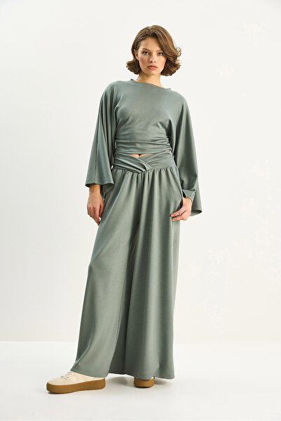 Bianco Lucci Women's Flared Sleeves Gathered Waist Top Pleated Belted Loose Pants Modal Set 2136 60283732