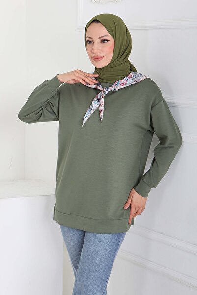 TOFİSA Tunica modal cu eșarfă kaki - 27873-HAKI