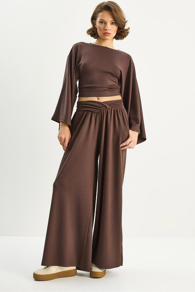 Bianco Lucci Women's Flared Sleeves Gathered Waist Top Pleated Belted Loose Pants Modal Set 2136 60283732