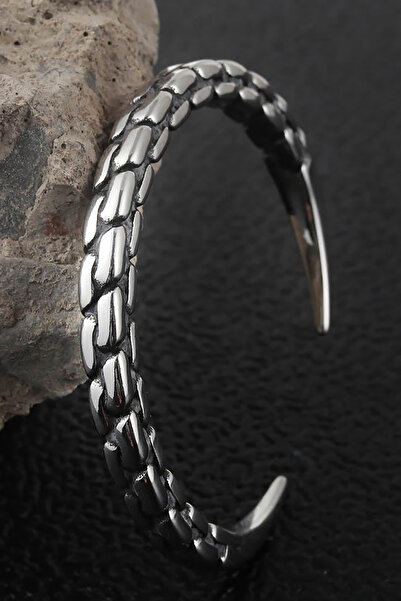 TAKIŞTIR Silver Color Twist Detailed Men's Steel Handcuff Bracelet