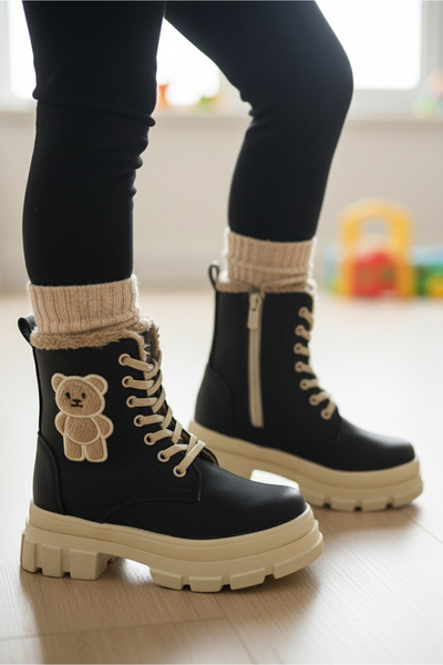 TOFİSA Girl's Black Beige Teddy Bear Detailed Zippered Boots - 27893-Black-Beige