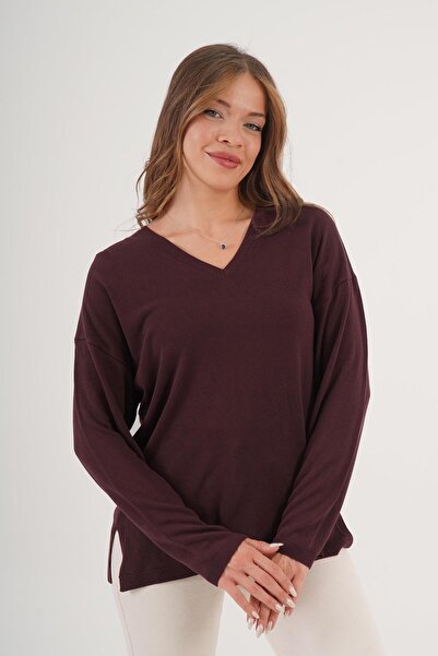 Hipo Trend Pulover din tricot subțire maro cu decolteu în V cu fantă