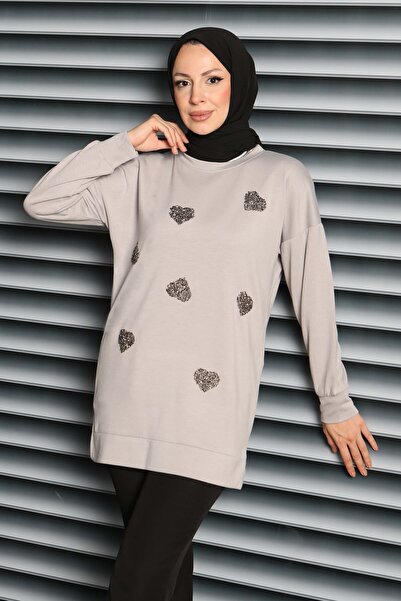 TOFİSA Μοντάλ τουνίκ με κεντημένη πέτρα σε γκρι χρώμα - 27875-GRI