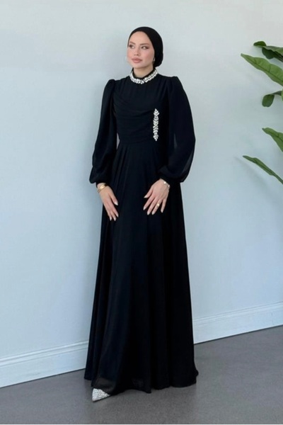 GÜZELLER Şifon Broşlu Boğazı Taşlı İsteme Söz Nişan Nikah Özel Gün Elbisesi Abiyesi