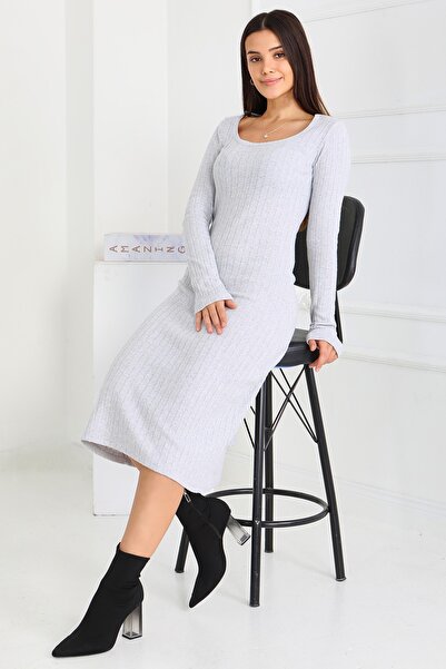 TOFİSA Φόρεμα με τετράγωνο λαιμόκοψη πλέξη ριμπ Γκρι - 27867-GRI