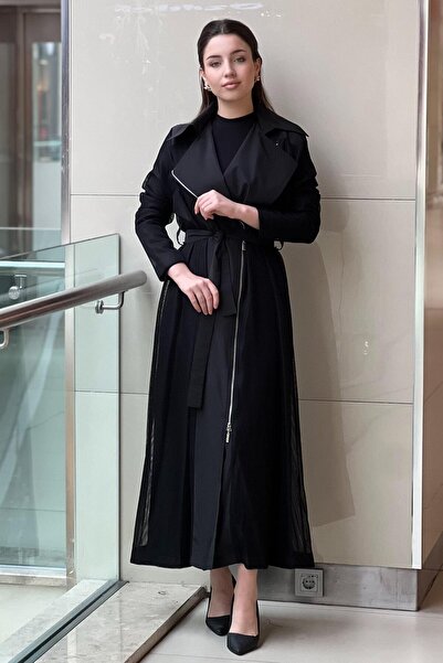 Nurcan Çetin Double-Breasted Double-Breasted Lace-Up Hood Long-Sleeved Two-Piece Set with Inner Dress