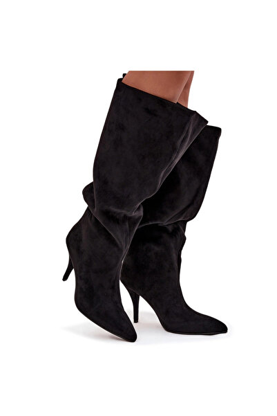 BOTO Botine feminine cu toc de alunecare din nubuc negru Noretta 41