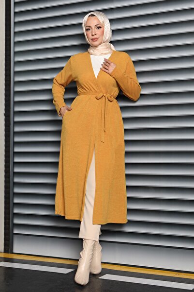 TOFİSA كارديجان طويل مع جيوب وحزام بلون الخردل - 27950-HARDAL