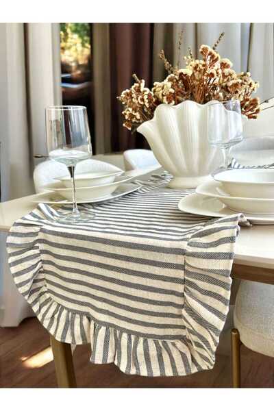 LILYUM Gri Çizgili-TAM Fırfırlı 40x110 Pamuklu Bej Ham Keten Runner