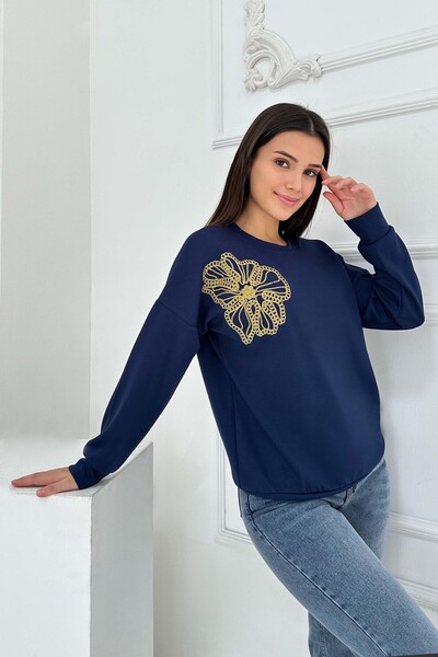 TOFİSA Modal Swea cu broderie florală pe umăr tricou Bleumarin - 27883-BLEUMARIN