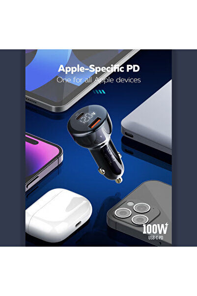 Glassology شاحن سيارة 100 واط مع منفذ Type-C وUSB، يتضمن كابل - أسود