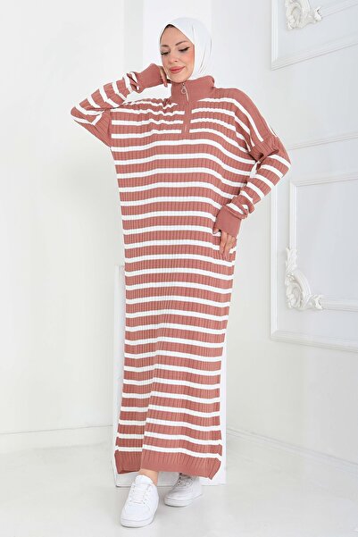 TOFİSA Zippered Striped Knitwear Dress Dusty Rose - 27931-Gul-Kurusu