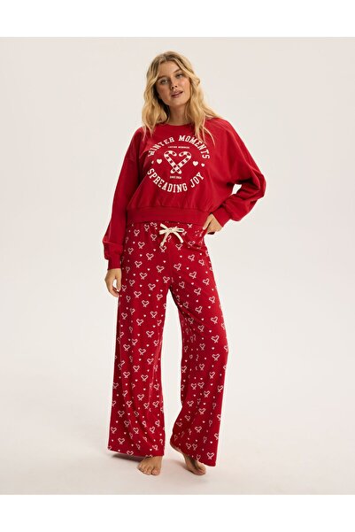 ESOTIQ BLOOVII Women's Christmas Pajama Set Oversize Sweatshirt & Wide Leg Trousers Candy Cane | Berry