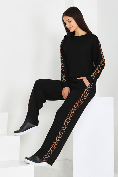 TOFİSA Σετ δύο τεμαχίων Modal με λεπτομέρεια λεοπάρ στο μανίκι - 27884-BLACK