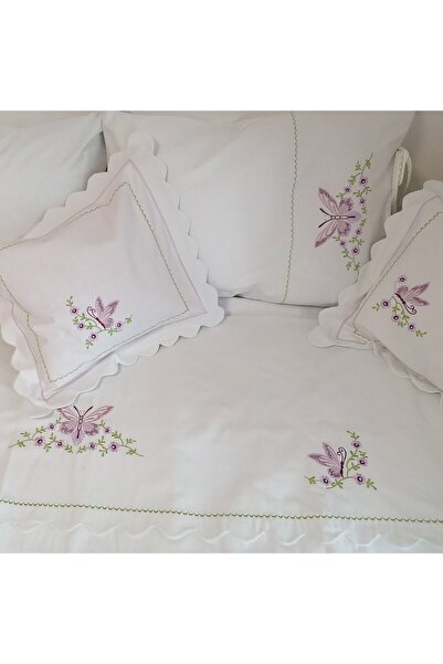 Casa Bucuriei Single bed bedding - Butterflies embroidery, 6-piece, white/multicolor, 100% percale cotton
