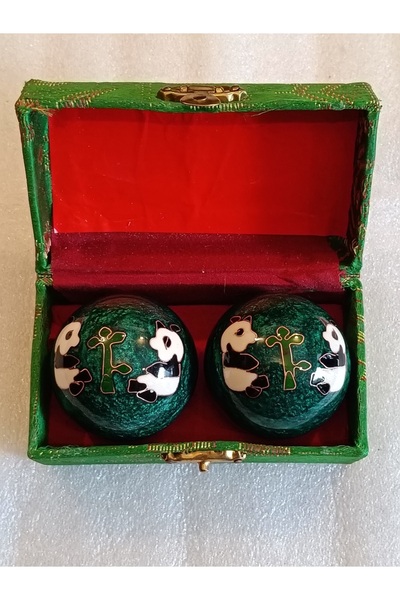Butik Tülin Otantik el yapımı çelik yeşil kaplama panda çift stres topu çap 15 cm büyük boy Tayland