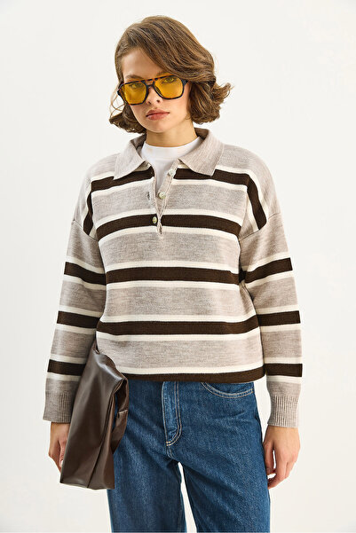 Bianco Lucci Women's Striped Polo Neck Knit Sweater Tk251127 60283704