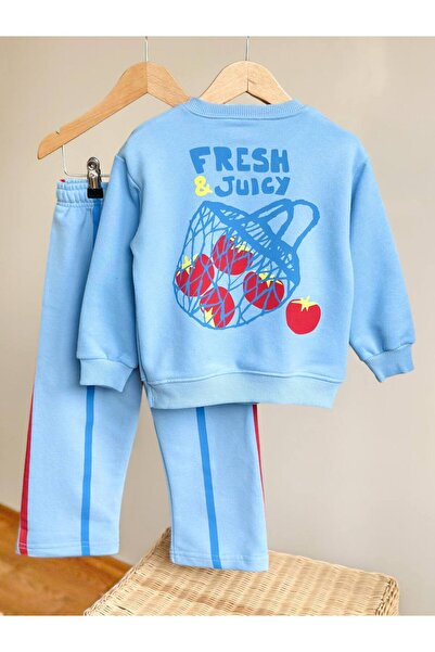 Rose Bonbon Unisex Mavi Fresh & Juicy Domates Baskılı Yan Şeritli Eşofman Takımı