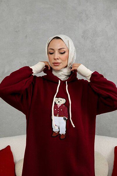 Bahar Altundemir Kadın Kapüşonlu Oversize Ayıcıklı Triko Elbise