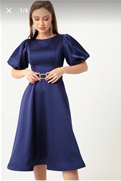 GÜZELLER Saten Balon Kol Kemerli Midi Boy İsteme Söz Nişan Nikah Özel Gün Elbisesi Abiyesi