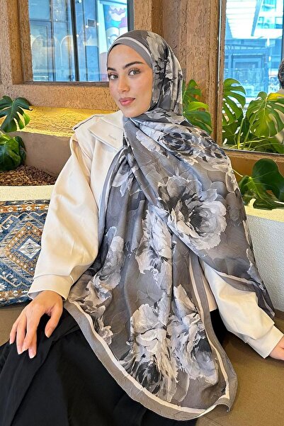 lamelif Flower Desen Bambu Şal Gri