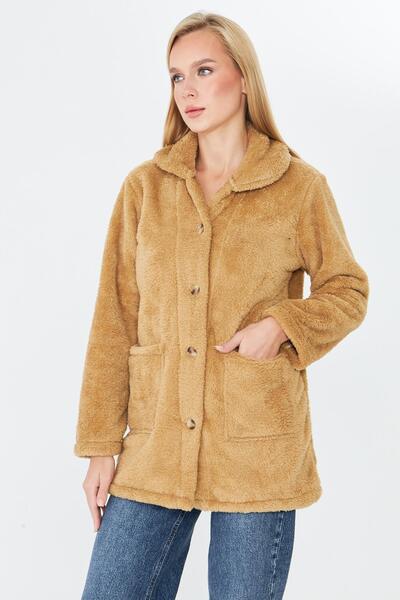 Kutaf Camel Buttoned Oversized Plush Coat – Soft Fleece Unlined Jacket