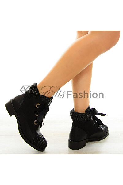 Elis Fashion Ghete de dama negre cu talpa joasa si cristale aplicate #8416