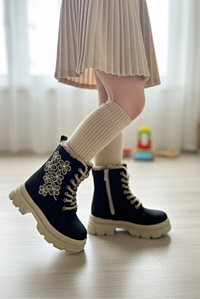 TOFİSA Girl's Black Beige Floral Embroidered Zippered Boots - 27894-Black-Beige