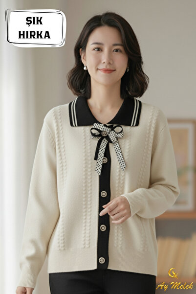 AYMELEK Women's Knitwear Polo Neck Buttoned Bow Cardigan