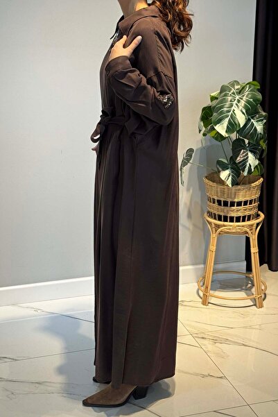 Ceremony Front Zipper Single Sleeve Stone Detail Inner Belted Cap Jacket 6881 Brown