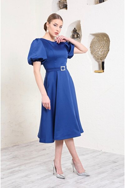 GÜZELLER Saten Balon Kol Kemerli Midi Boy İsteme Söz Nişan Nikah Özel Gün Elbisesi Abiyesi