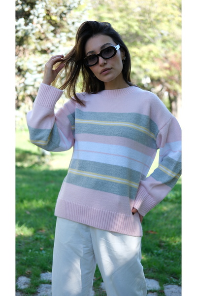 Butik Una Fiaba-Pembe Oversize Bisiklet Yaka Yumuşak Dokulu Triko Kazak