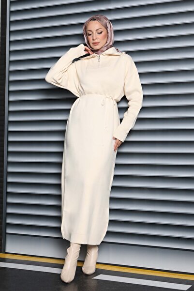 TOFİSA Kamyoncu Yaka Triko Elbise Krem - 27937-KREM