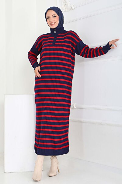 TOFİSA Zippered Striped Knitwear Dress Navy Blue - 27931-Dark Blue