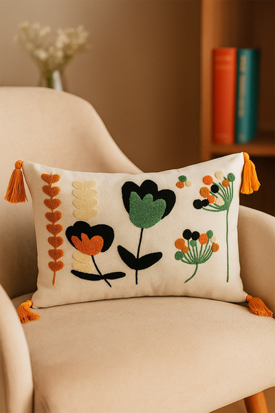 Sepetorium Yeşil ve Turuncu Çiçek Desenli Punch Boho Kırlent Kılıfı – Püsküllü Dikdörtgen Dekoratif Yastık
