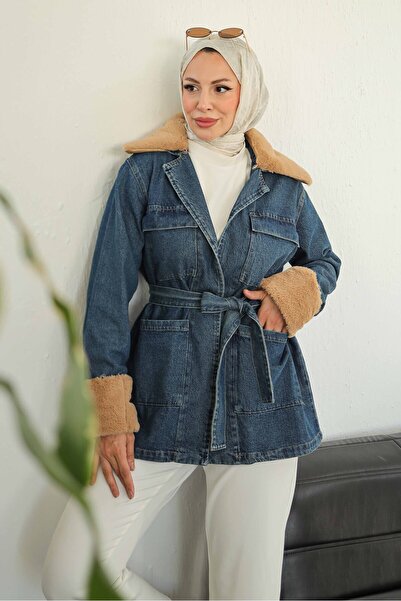 TOFİSA Collar Sleeve Fur Detailed Denim Jacket Dark Blue - 27827-Dark-Blue