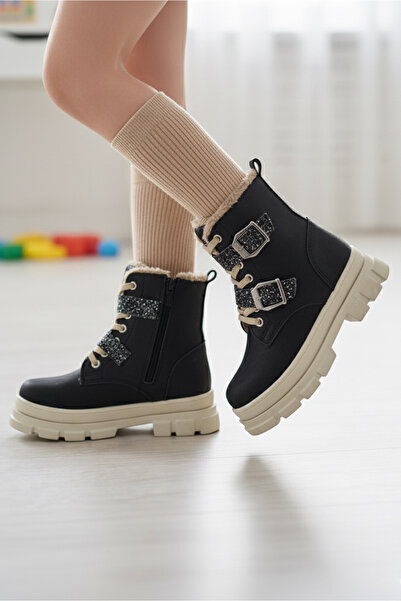 TOFİSA Girl's Black Beige Stone Detailed Zippered Boots Black-Beige
