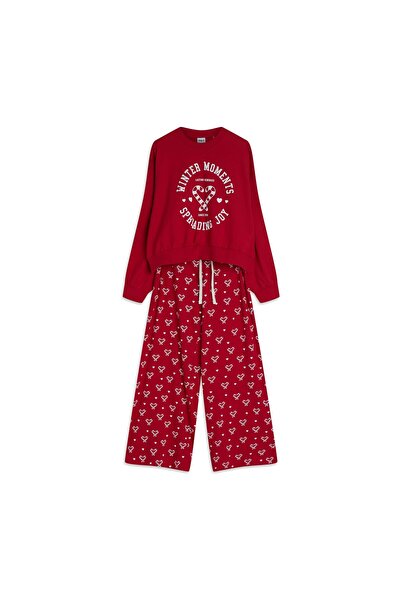 ESOTIQ BLOOVII Women's Christmas Pajama Set Oversize Sweatshirt & Wide Leg Trousers Candy Cane | Berry