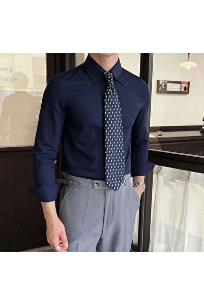 ilayda emir Lacivert parlak ince çizgili erkek klasik gömlek