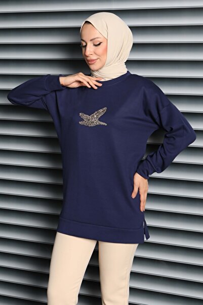 TOFİSA Μοντάλ τουνίκ με κεντημένα πέτρα σε μπλε ναυτικό - 27874-DARK BLUE