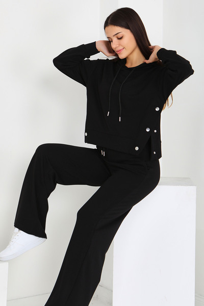 TOFİSA Modal Διπλό Σετ με Λεπτομέρεια Κουμπώματος Μαύρο - 27878-ΜΑΥΡΟ