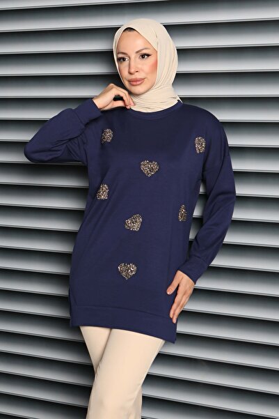 TOFİSA تونيك مودال مطرز بحجر القلب باللون الأزرق الداكن - 27875-LACIVERT