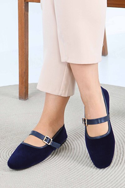 TOFİSA Women's Navy Blue Belted Suede Ballerinas - 27791-Dark Blue