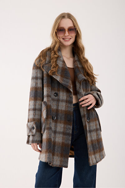 ŞEYDA ERTEM KAHVE MAVİ TONLARINDA YÜN KISA KABAN