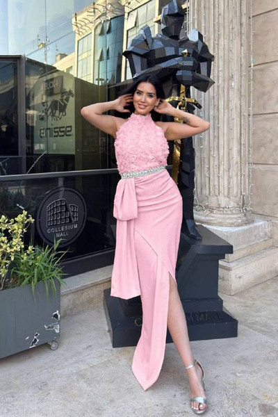 Neşeli Butik Women Premium Rose Detailed Waist Stone Belt Design Evening Dress Nbnc2527