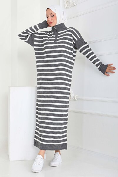 TOFİSA Zippered Striped Knitwear Dress Smoked - 27931-Fume