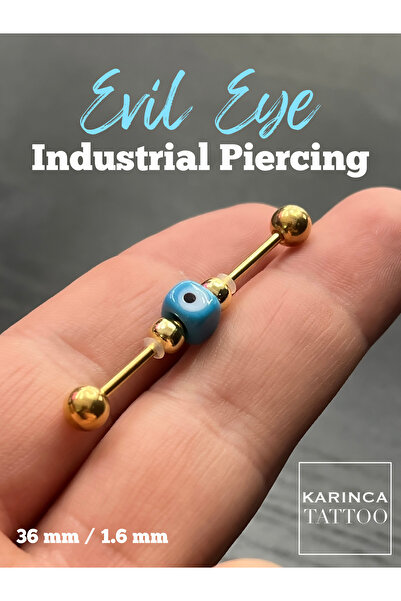 Karınca Piercing Evil Eye Nazar Boncuğu Altın Rengi Gold Industrial Piercing Köprü Piercing