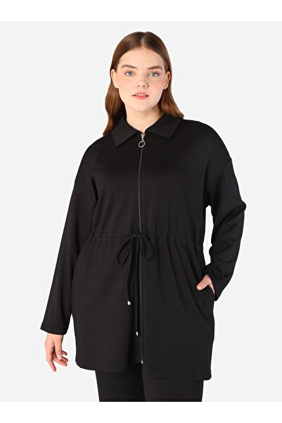 ALİA Soft Buttoned Zippered Waist Drawstring Detailed Tunic&Pants Plus Size Set - Black -