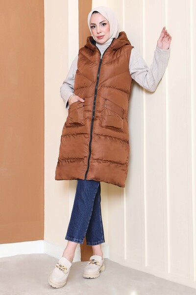 TOFİSA سترة منفوخة بسحاب وجيوب باللون البني - 27770-BROWN